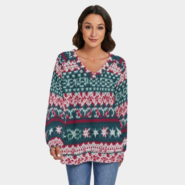 All-Over Print Women's V-neck Imitation Knitted Sweater With Long Sleeve