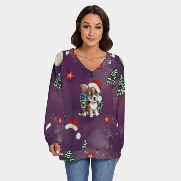 All-Over Print Women's V-neck Imitation Knitted Sweater With Long Sleeve