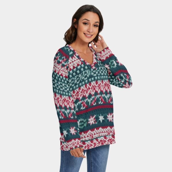 All-Over Print Women's V-neck Imitation Knitted Sweater With Long Sleeve - Imagen 2