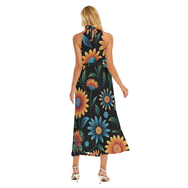 All-Over Print Women's Wrap Hem Belted Halter Dress - Imagen 4