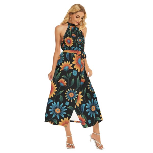 All-Over Print Women's Wrap Hem Belted Halter Dress - Imagen 2